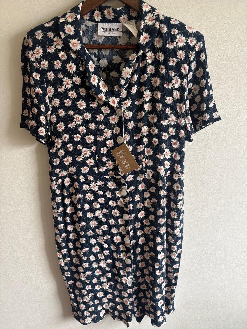 Vintage 90s Caroline Wells Navy Daisy Floral Rayon Button Front Dress‎